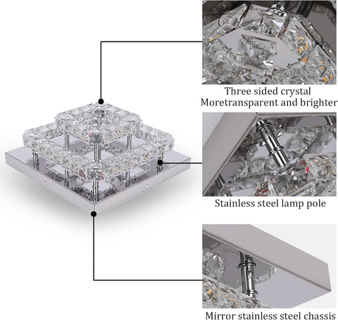Ceiling light fixture with crystal design, stainless steel pole, and mirror stainless steel chassis.