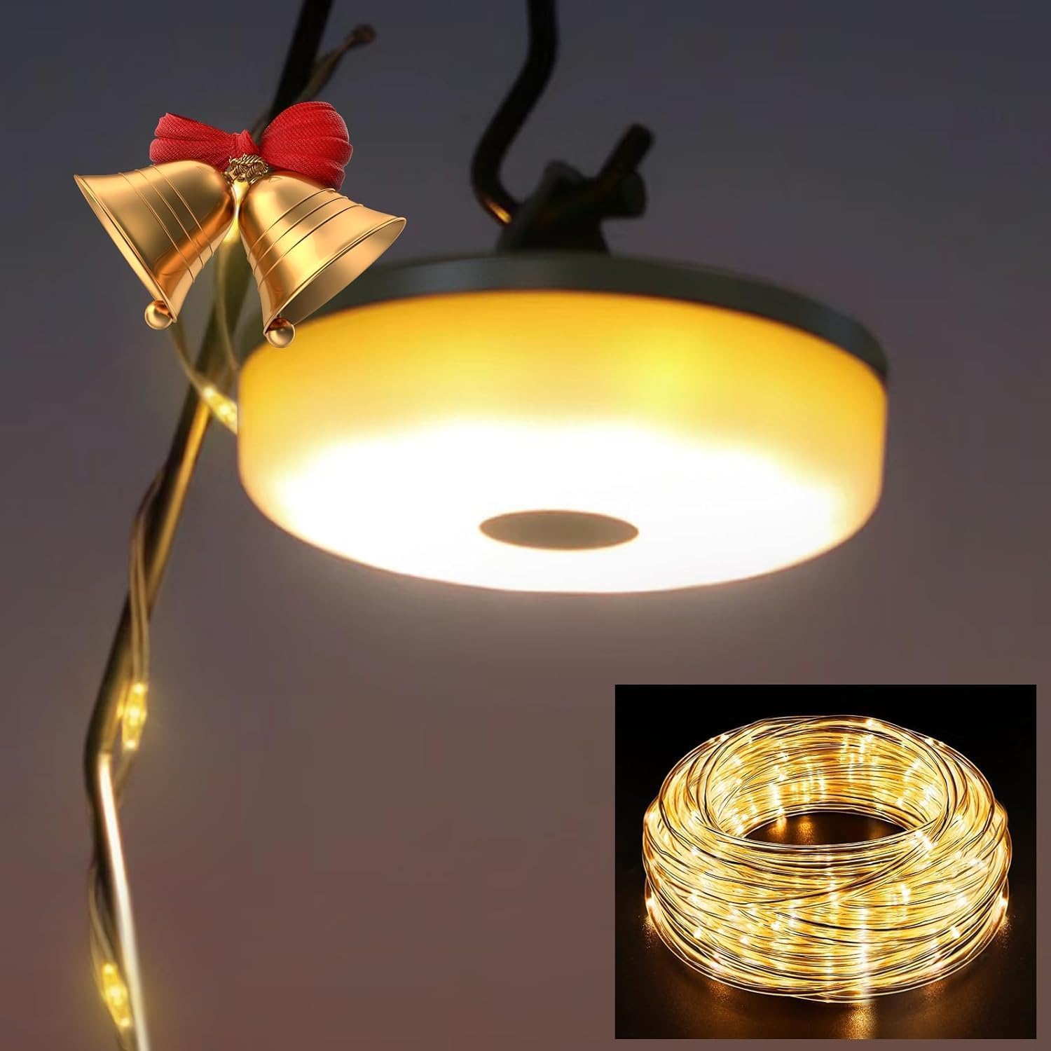 Ceiling light fixture with decorative bell and LED string light coil inset.