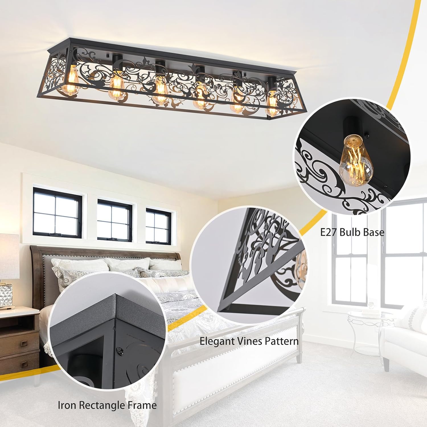 Ceiling light fixture with decorative elements in a bedroom setting