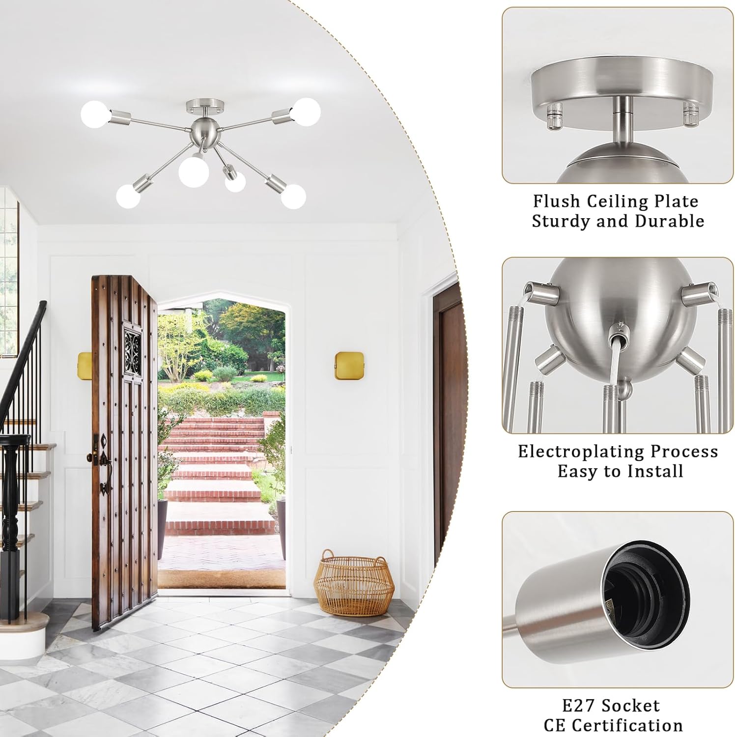Ceiling light fixture with detailed features and a hallway background