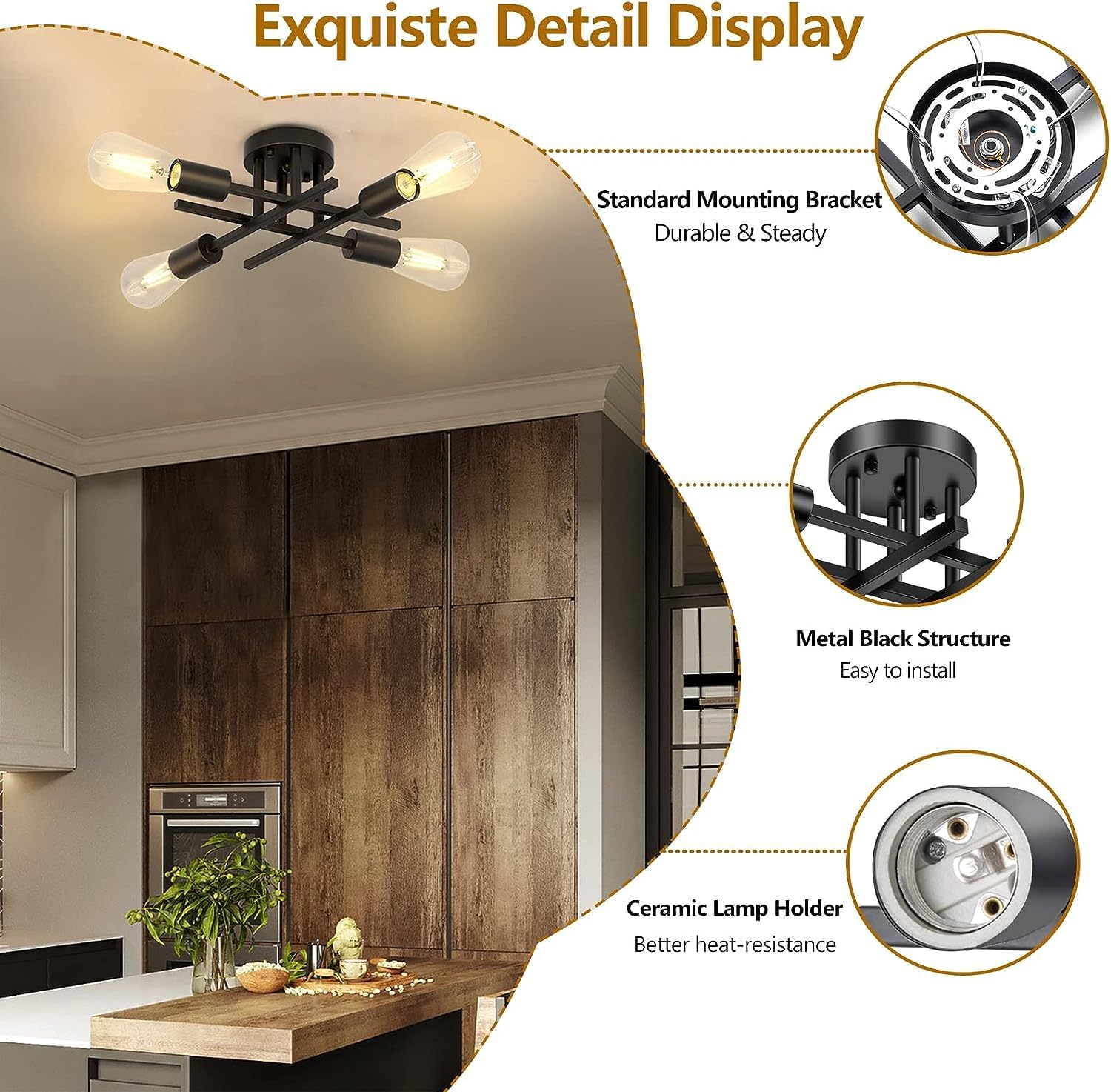 Ceiling light fixture with detailed features and kitchen background
