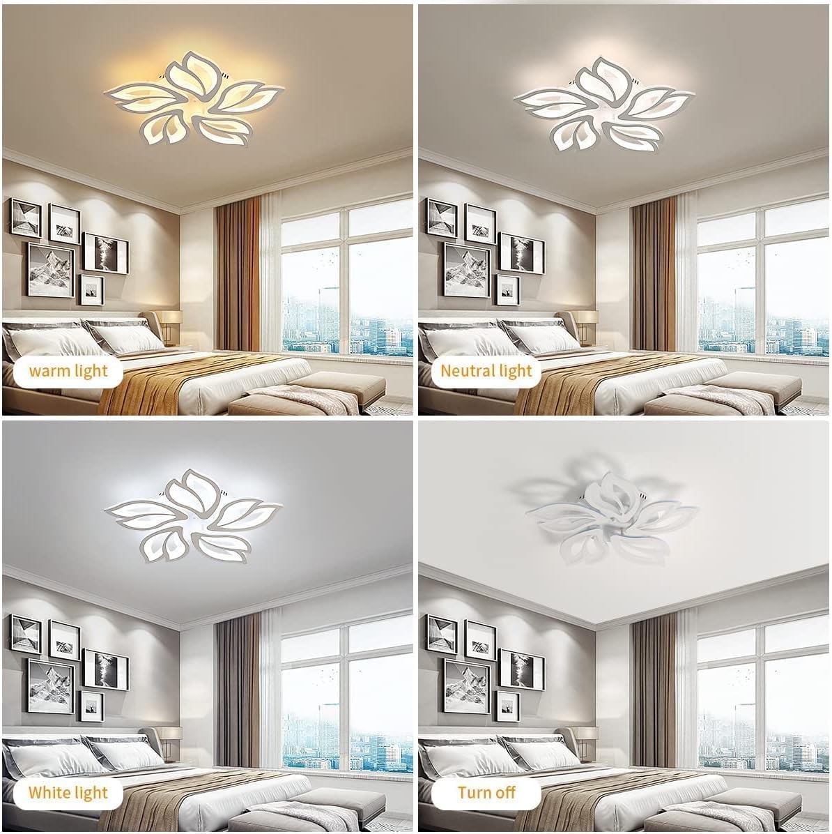 Ceiling light fixture with different color temperature settings in a bedroom setting.