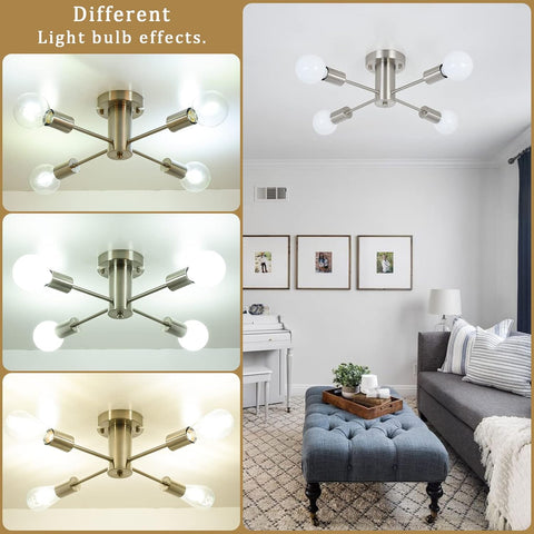 Ceiling light fixture with different light bulb effects in a living room setting.
