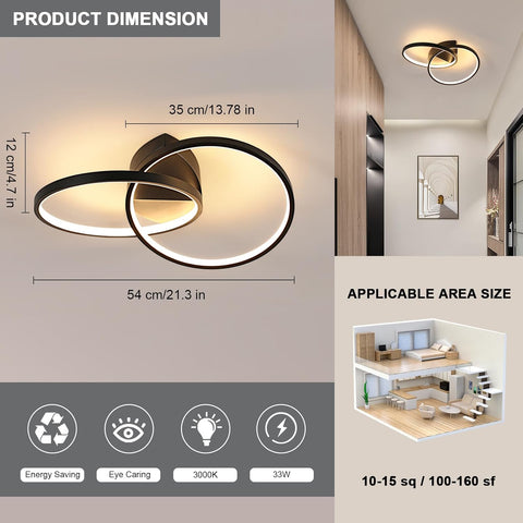 Ceiling light fixture with dimensions and application area size information on a gray background.