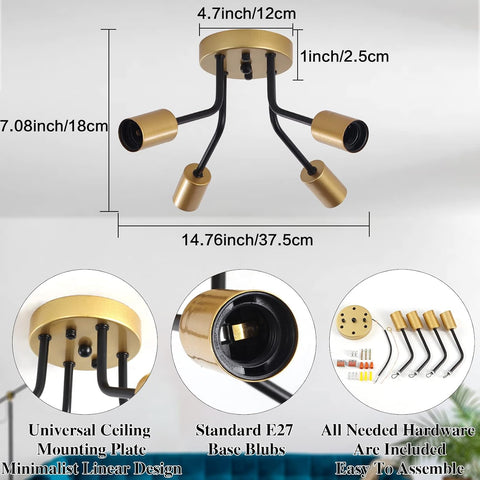 Ceiling light fixture with dimensions and assembly components on a white background