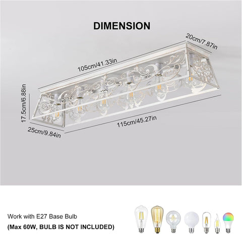 Ceiling light fixture with dimensions and bulb compatibility on a gray background