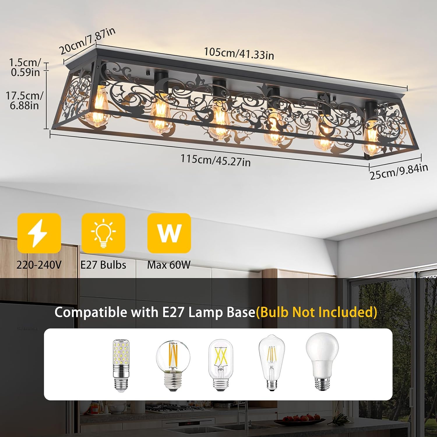 Ceiling light fixture with dimensions and compatibility information displayed
