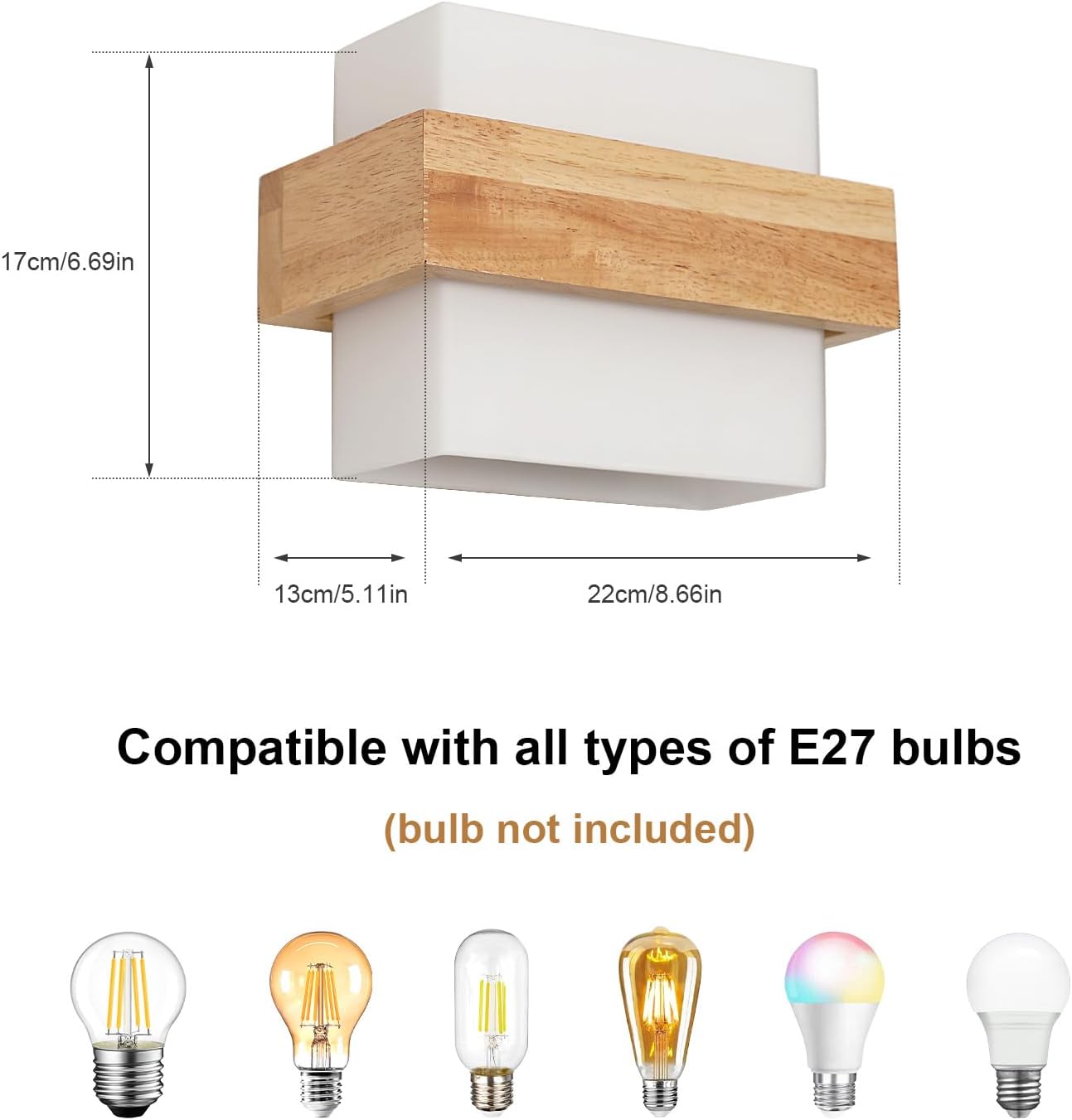 Ceiling light fixture with dimensions and compatibility with E27 bulbs on a white background