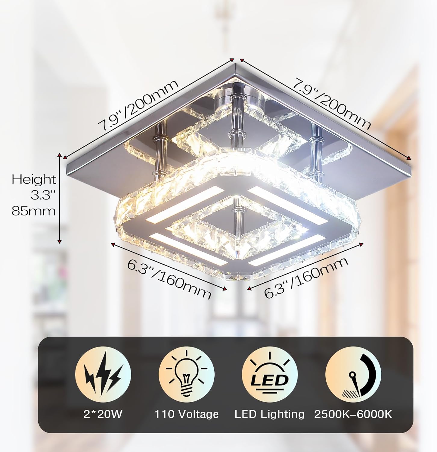 Ceiling light fixture with dimensions and features displayed