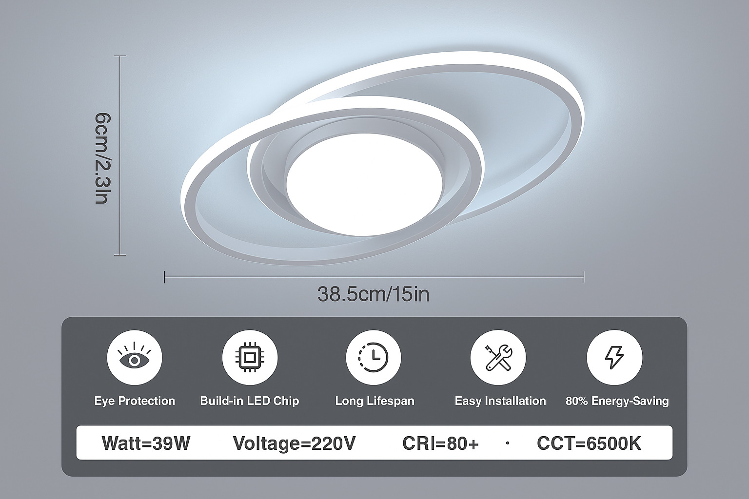 Ceiling light fixture with dimensions and features on a gray background