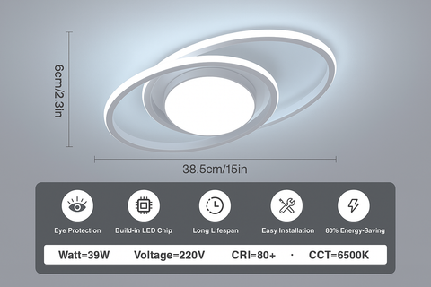 Ceiling light fixture with dimensions and features on a gray background