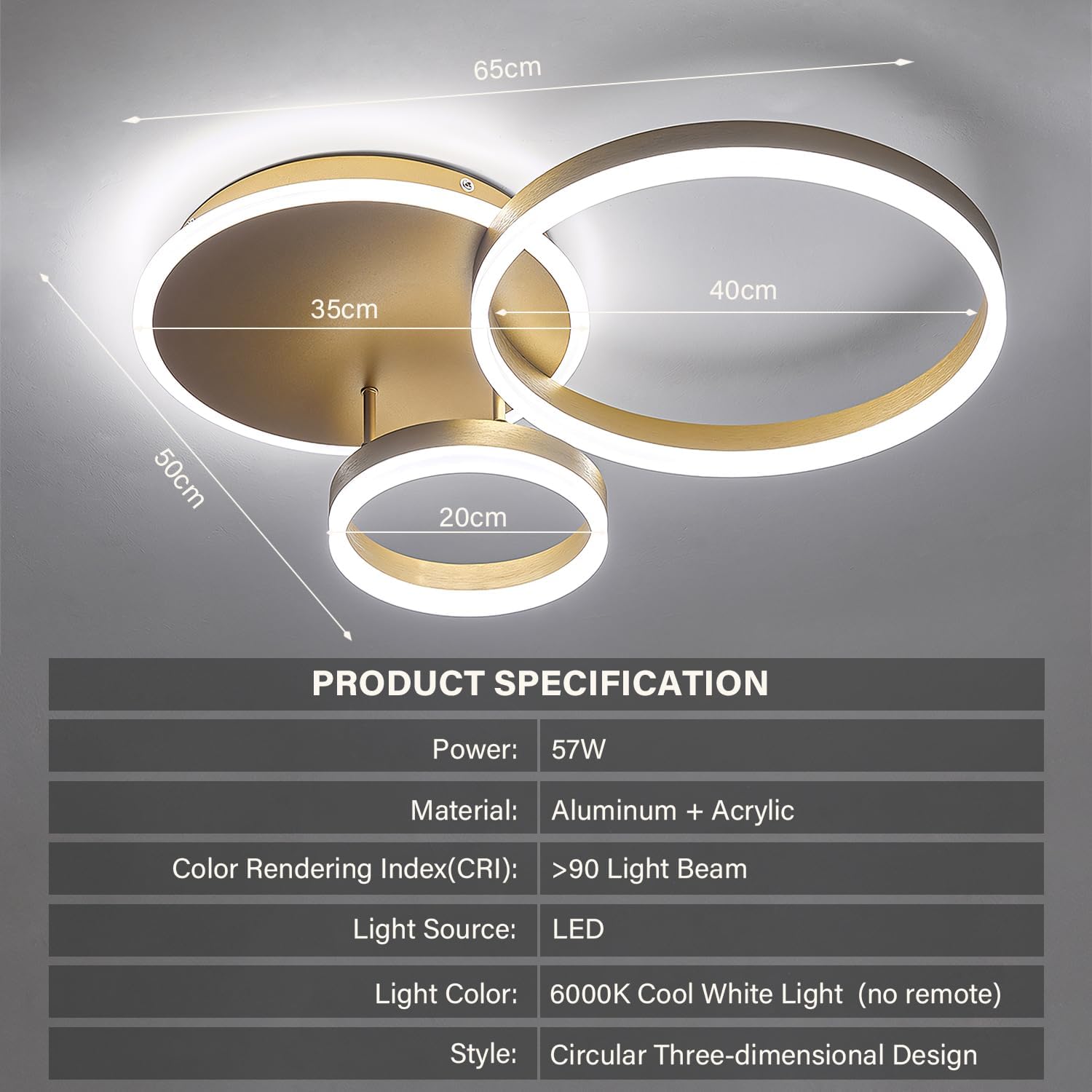 Ceiling light fixture with dimensions and product specifications on a gray background