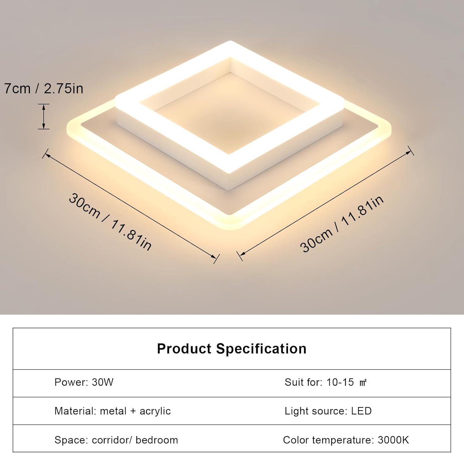 Ceiling light fixture with dimensions and product specifications on a gray background