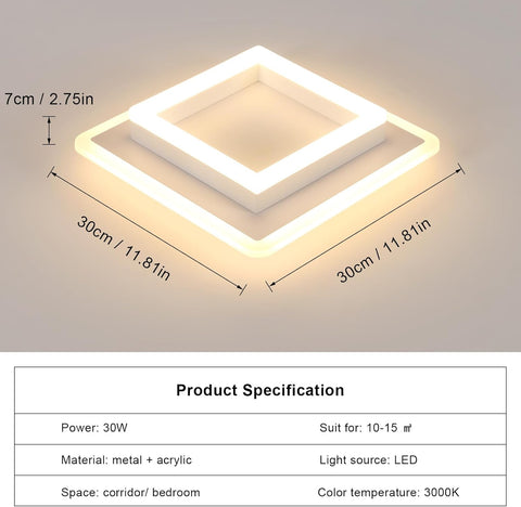 Ceiling light fixture with dimensions and product specifications on a gray background