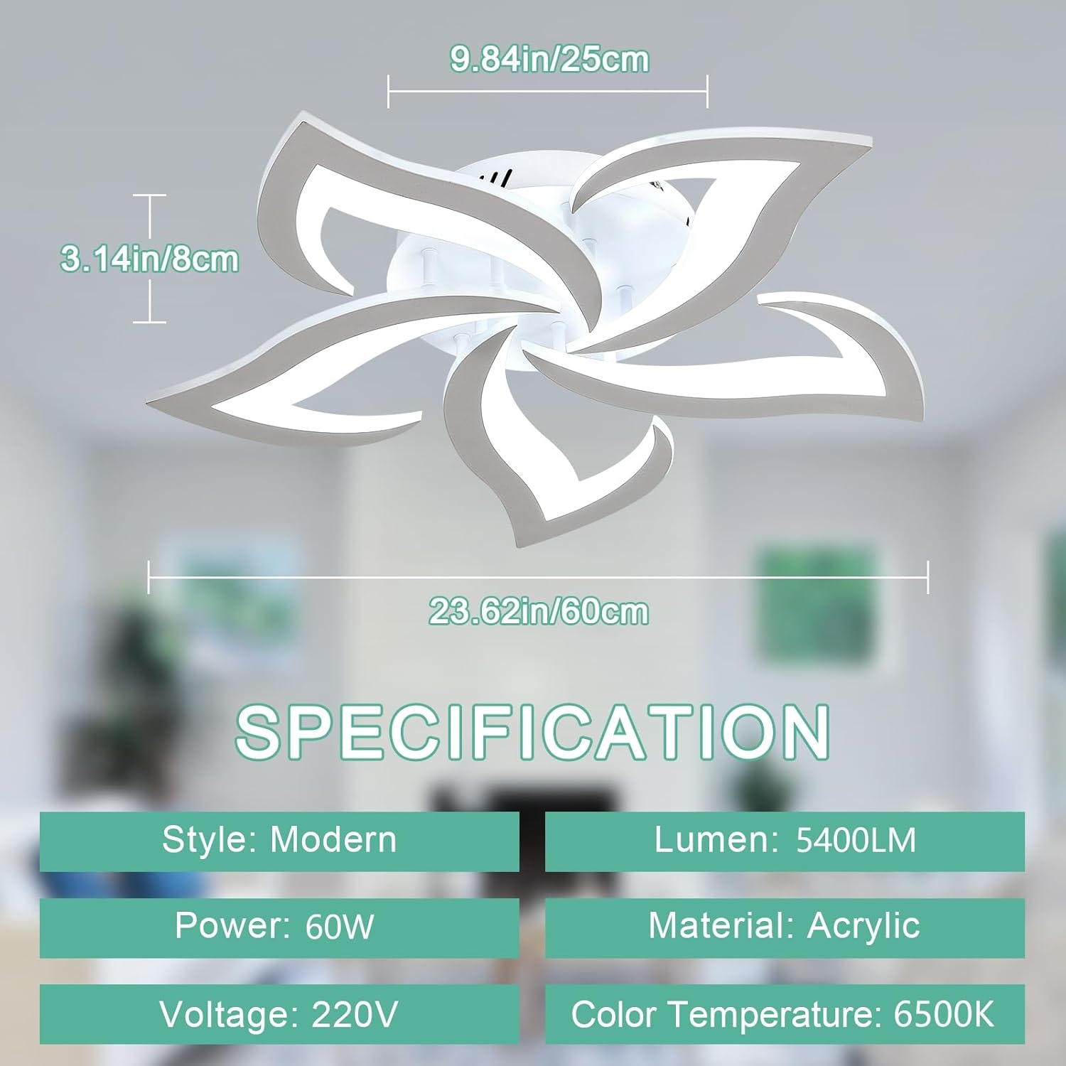 Ceiling light fixture with dimensions and specifications displayed