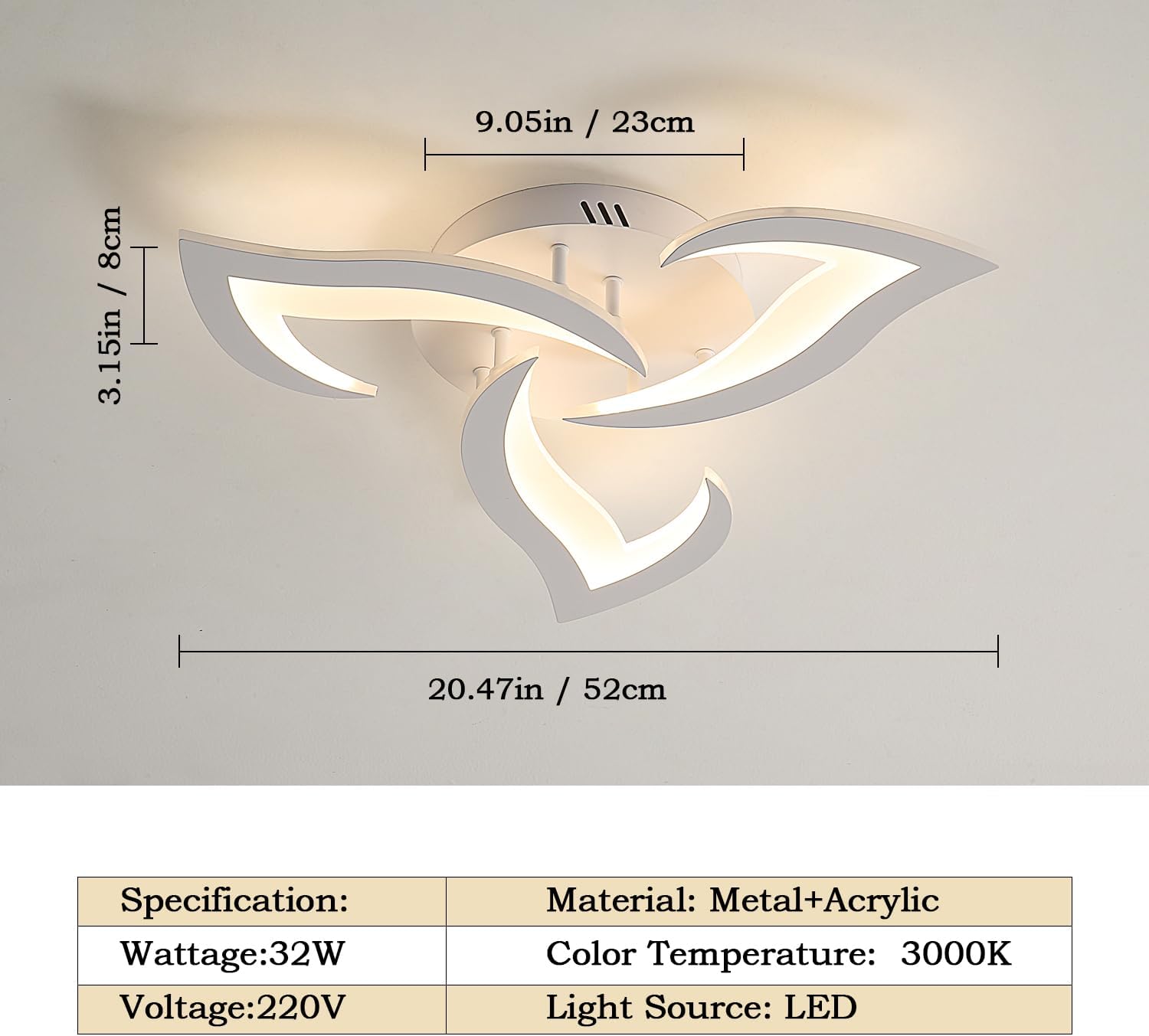 Ceiling light fixture with dimensions and specifications on a white background