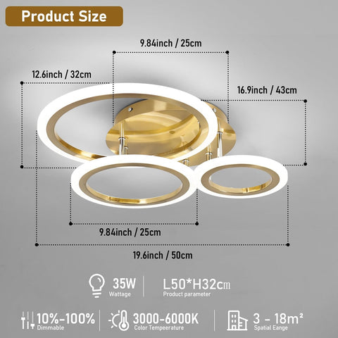 Ceiling light fixture with dimensions and specifications on a gray background
