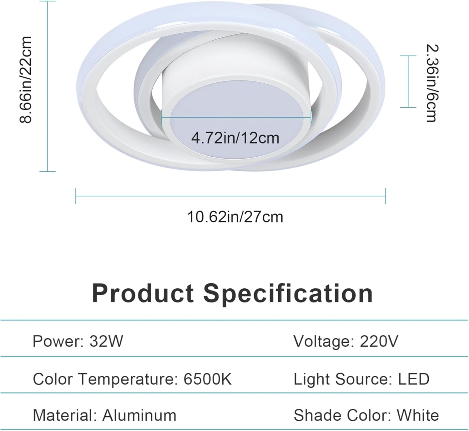 Ceiling light fixture with dimensions and specifications listed below.