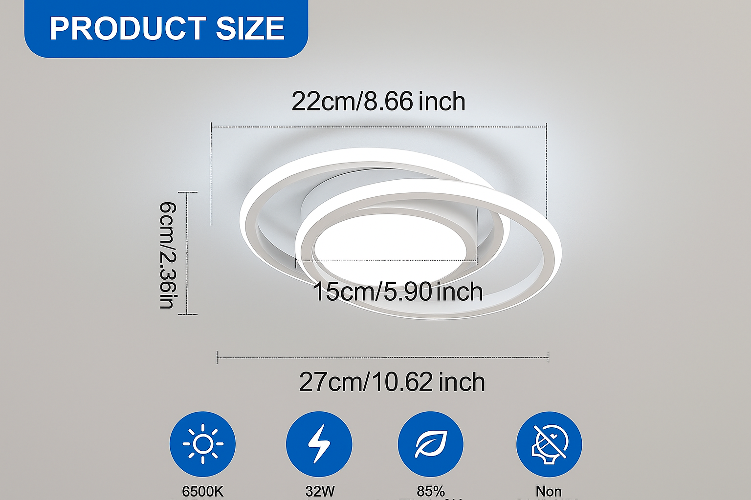 Ceiling light fixture with dimensions and specifications on a gray background