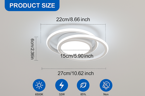 Ceiling light fixture with dimensions and specifications on a gray background