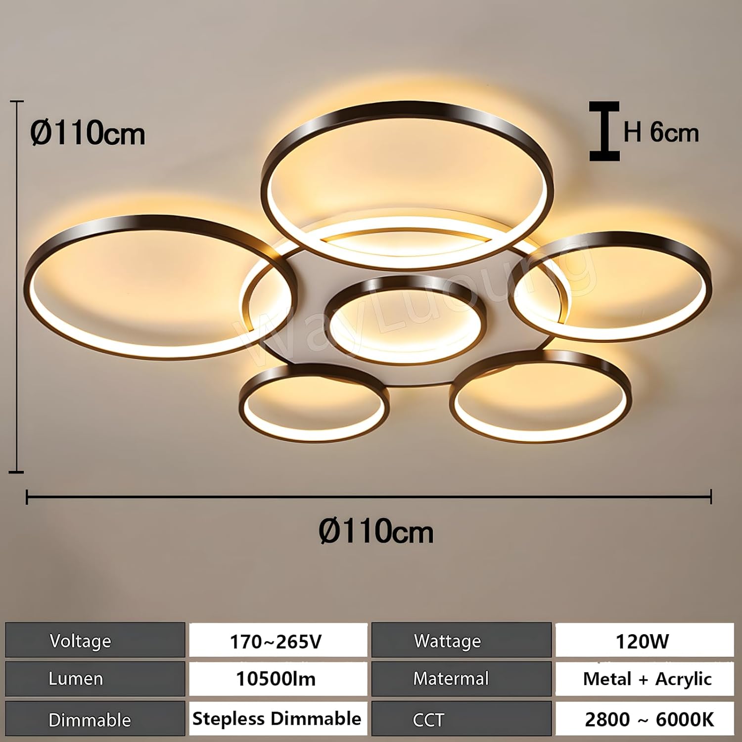 Ceiling light fixture with dimensions and specifications on a neutral background