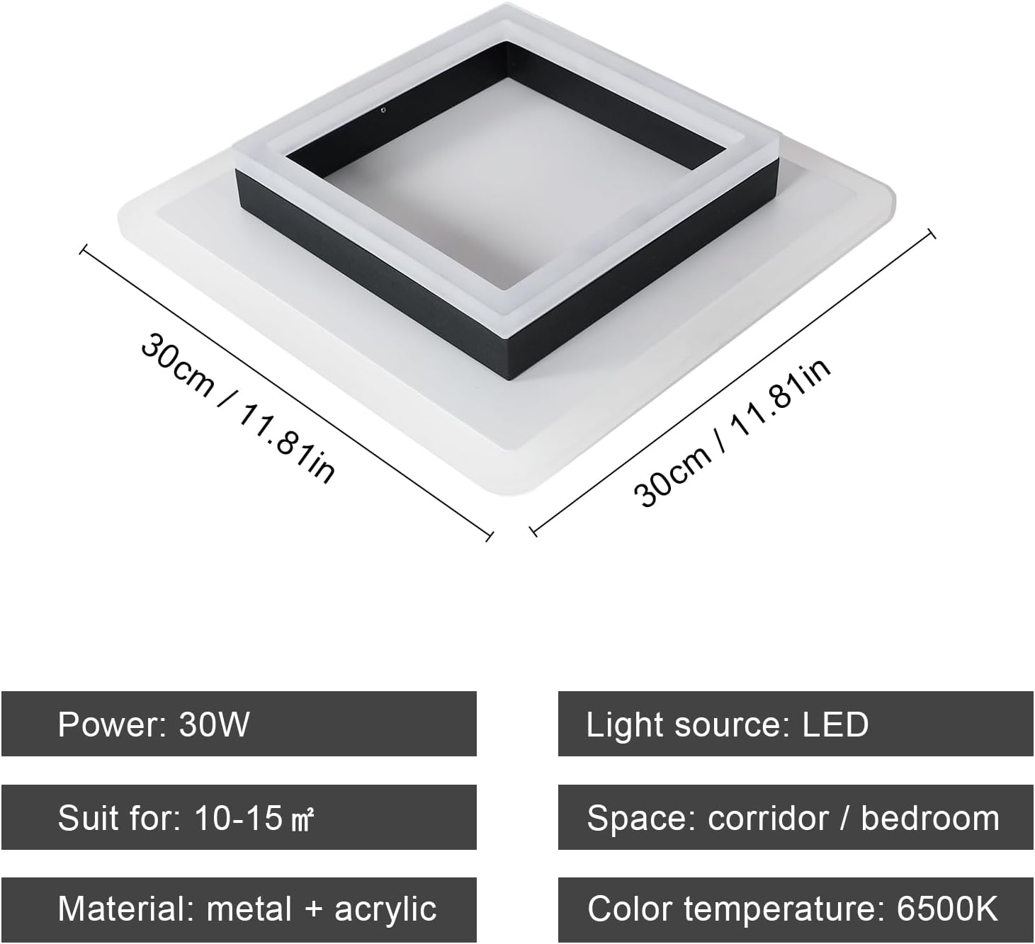 Ceiling light fixture with dimensions and specifications on a white background