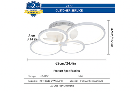 Ceiling light fixture with dimensions and specifications on a white background