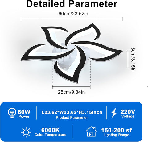Ceiling light fixture with dimensions and technical specifications on a white background