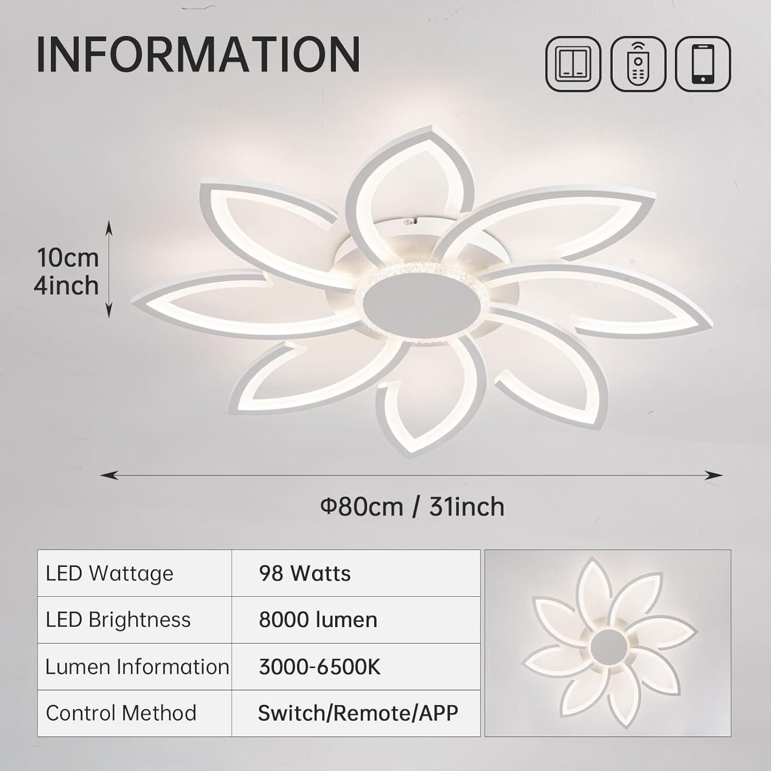 Ceiling light fixture with dimensions and technical specifications on a gray background