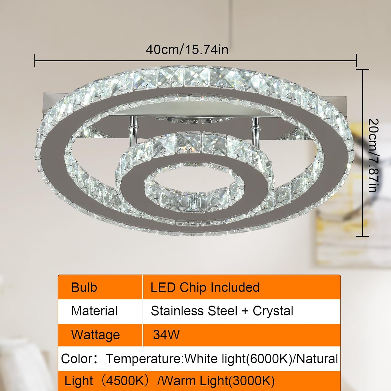 Ceiling light fixture with dimensions and technical specifications on a neutral background