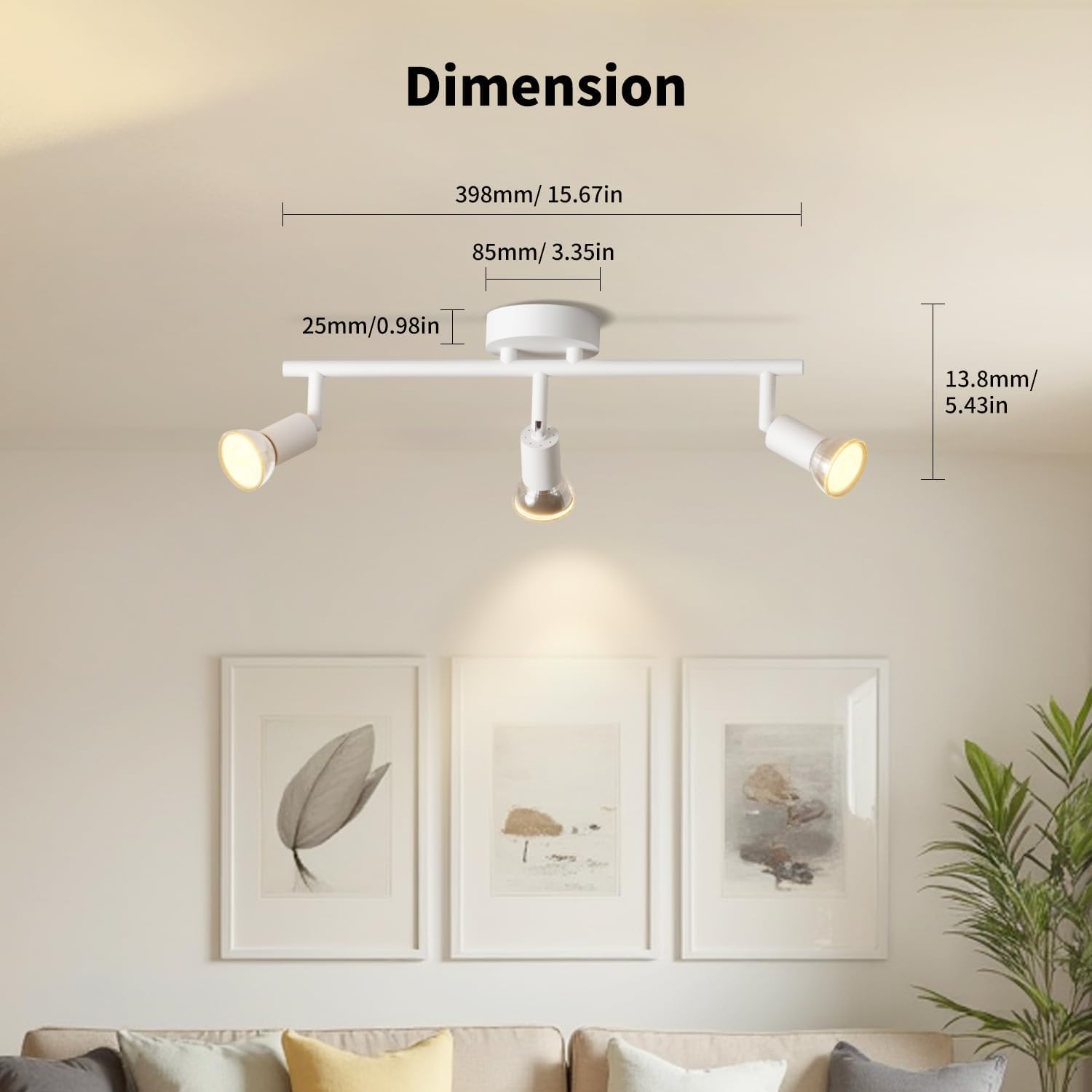 Ceiling light fixture with dimensions displayed on a wall with framed pictures and a plant.