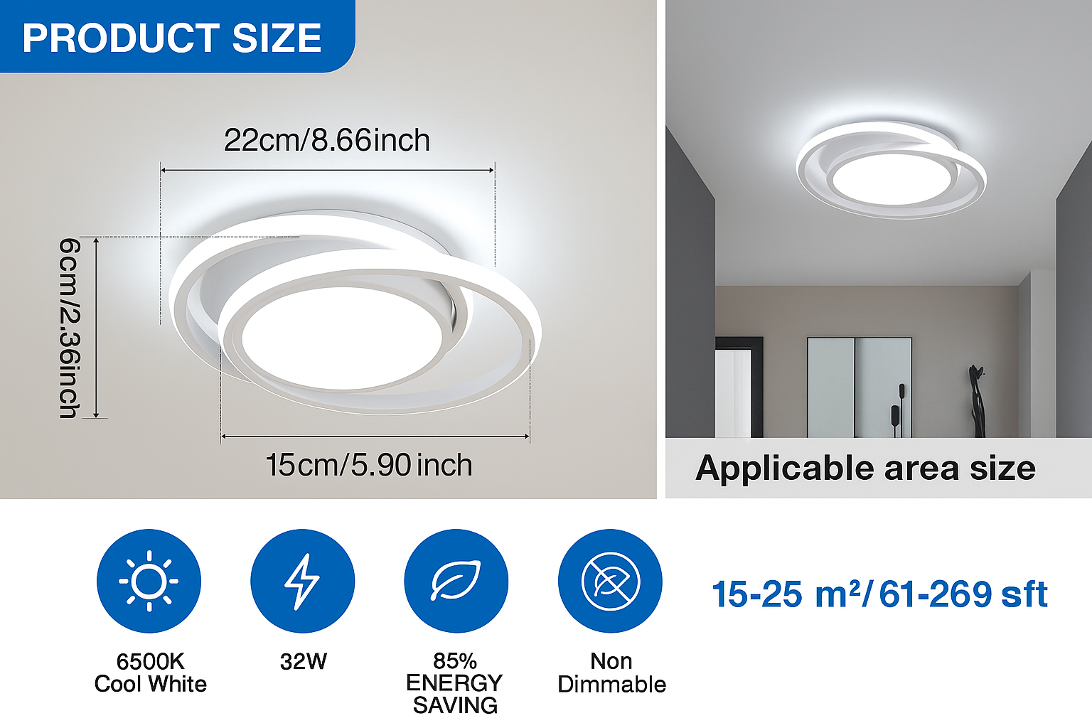 Ceiling light fixture with dimensions, energy efficiency details, and applicable area size on a white background.