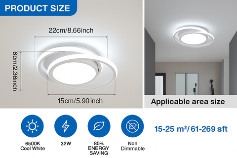 Ceiling light fixture with dimensions, energy efficiency details, and applicable area size on a white background.