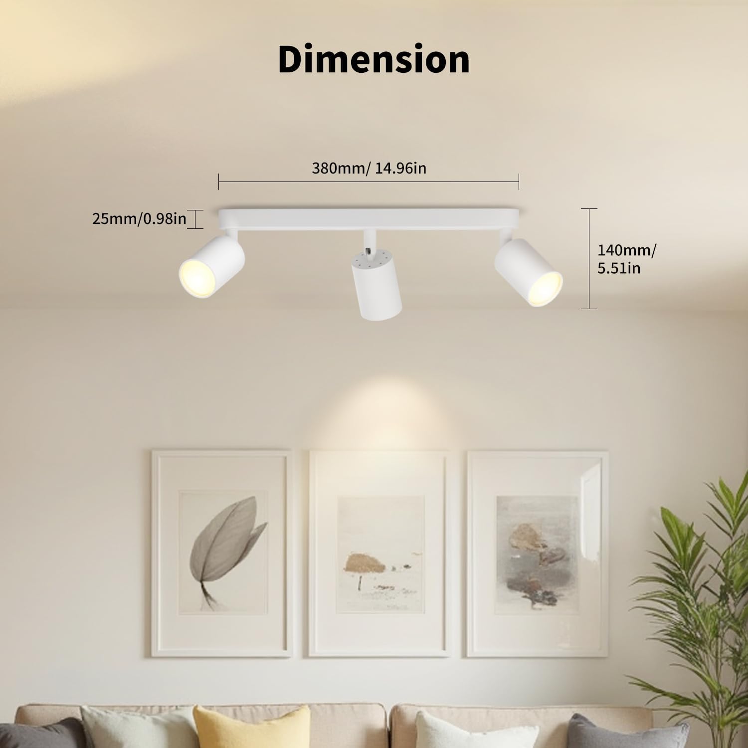 Ceiling light fixture with dimensions labeled in a living room setting