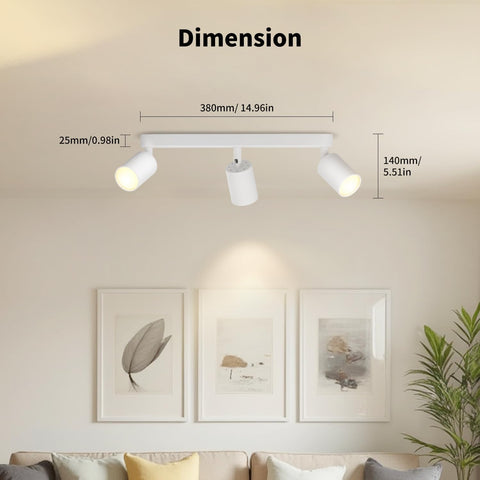 Ceiling light fixture with dimensions labeled in a living room setting