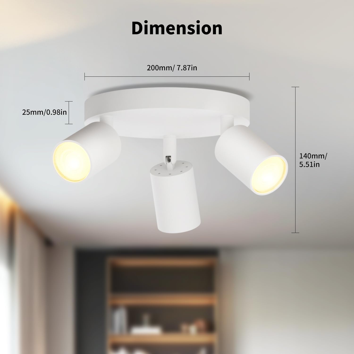 Ceiling light fixture with dimensions labeled on a blurred background