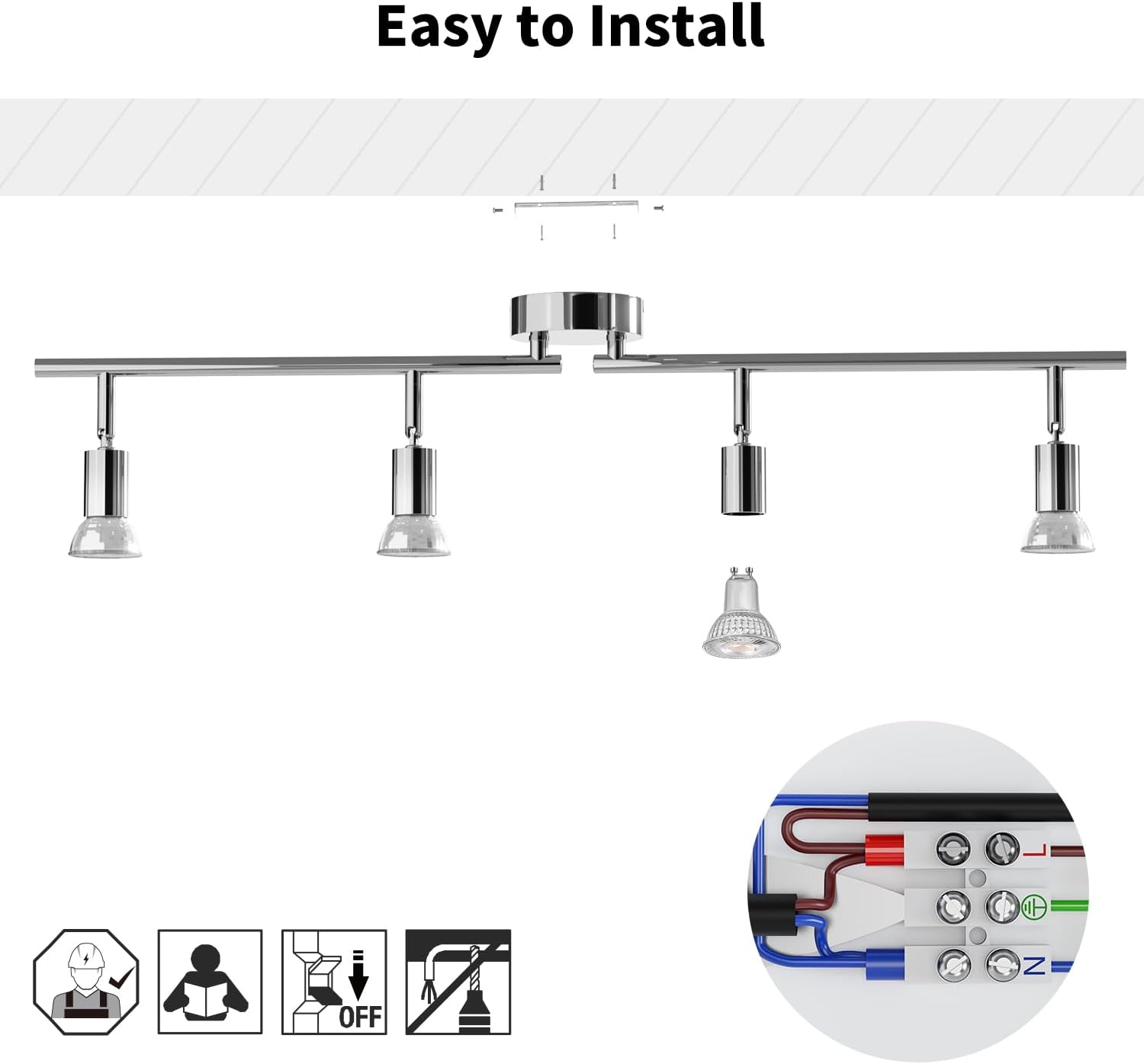 Ceiling light fixture with easy installation instructions and diagram.