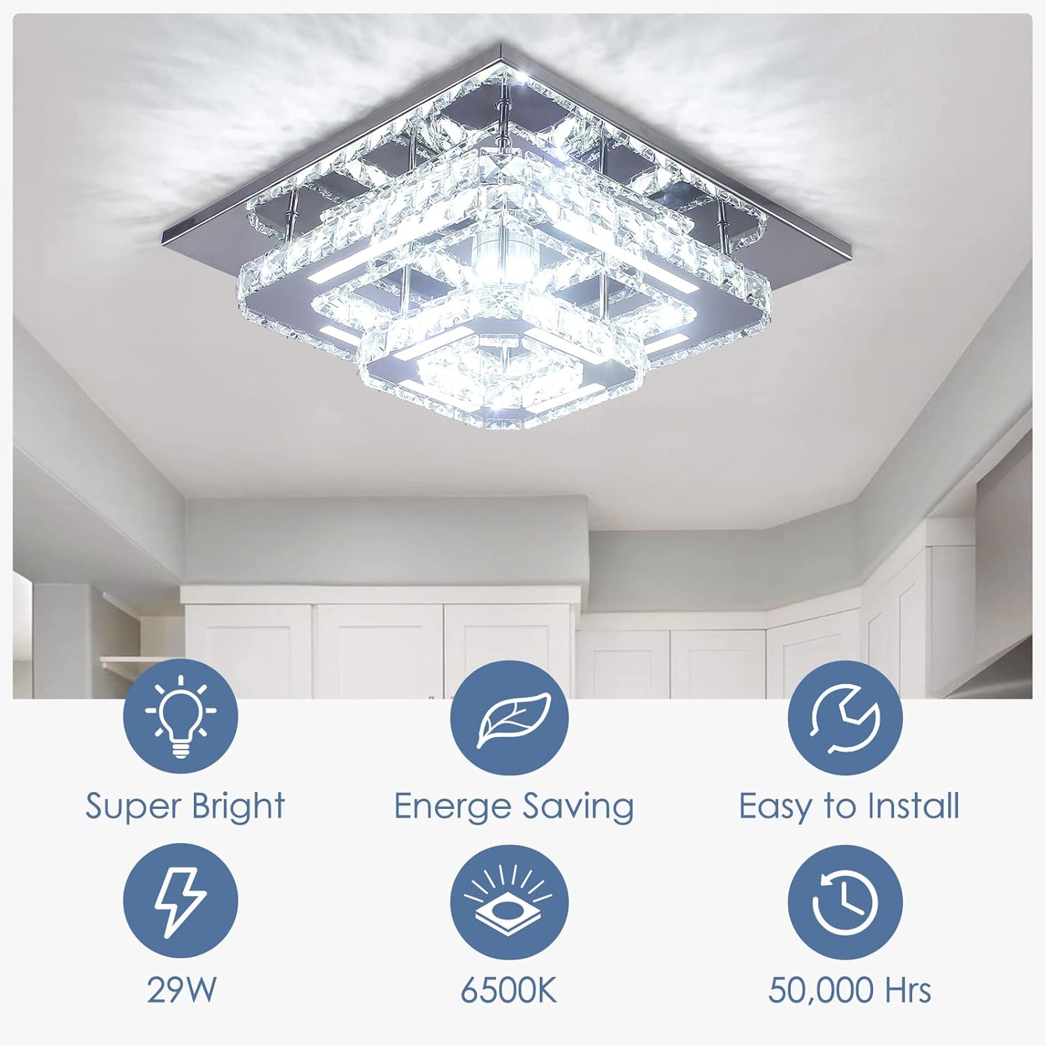 Ceiling light fixture with energy efficiency features displayed on a white background