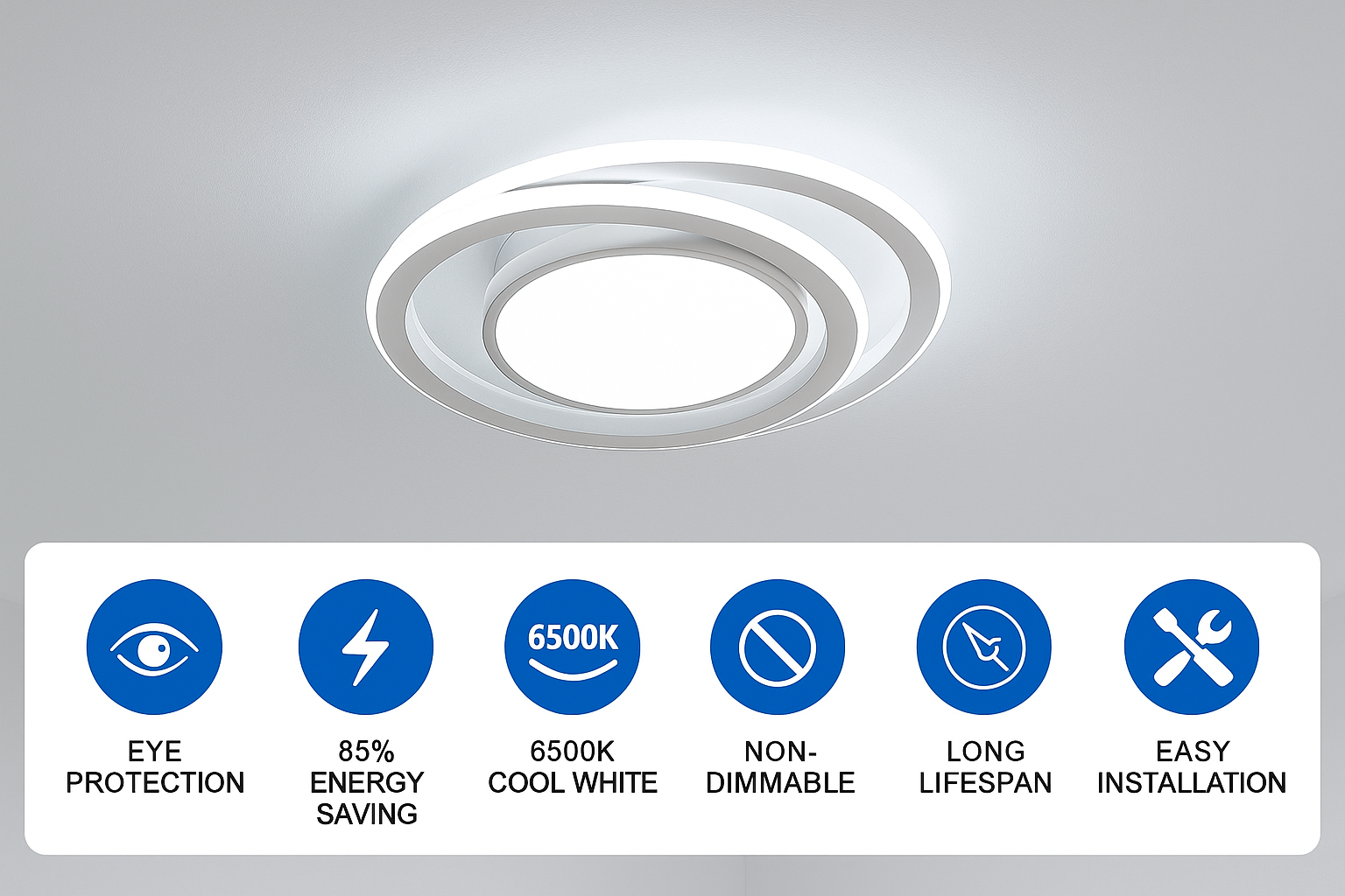 Ceiling light fixture with feature icons on a gray background