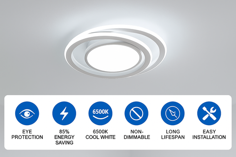 Ceiling light fixture with feature icons on a gray background