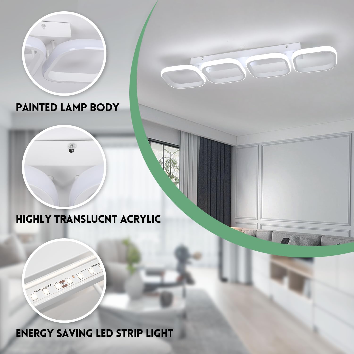 Ceiling light fixture with features highlighted on a blurred living room background