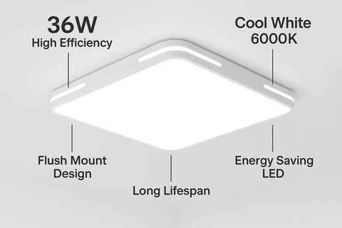 Ceiling light fixture with features labeled on a gray background
