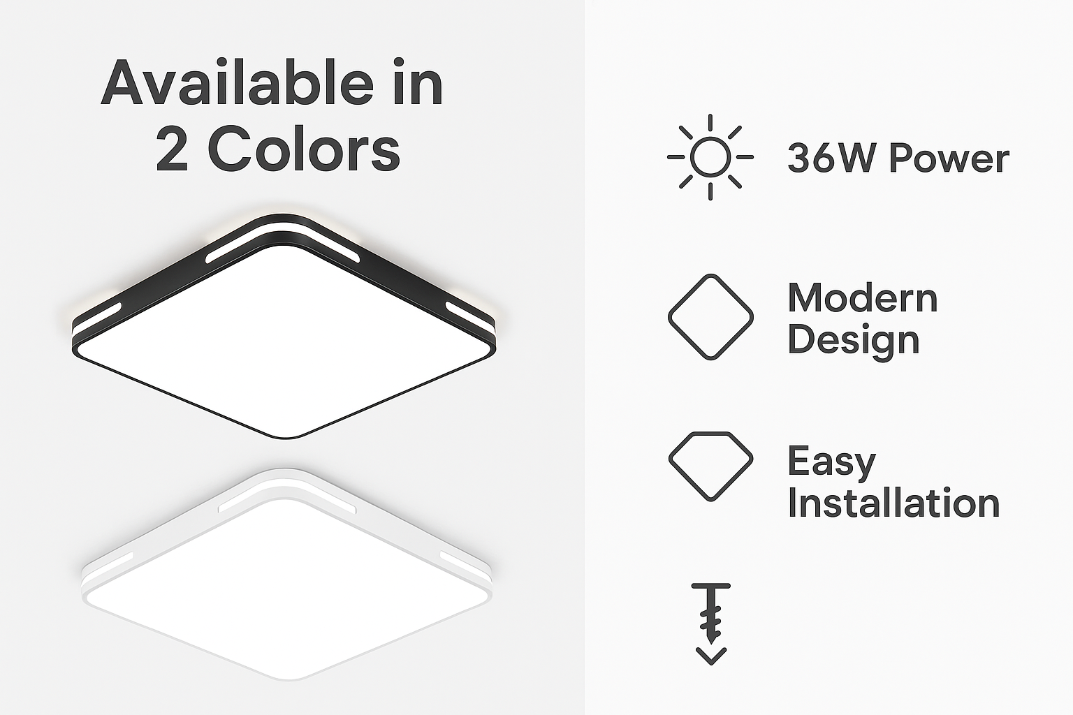 Ceiling light fixture with features listed on a white background