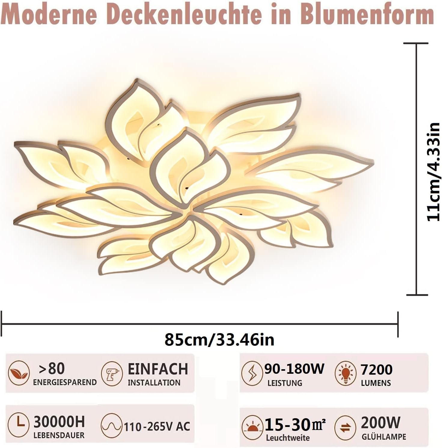 Ceiling light fixture with floral design and dimensions on a white background