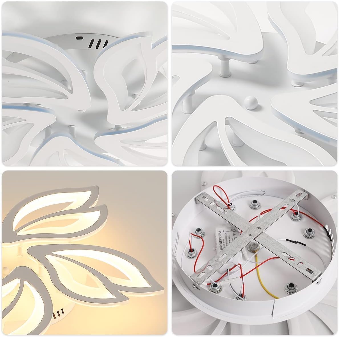 Ceiling light fixture with floral design, exploded view, and wiring diagram.