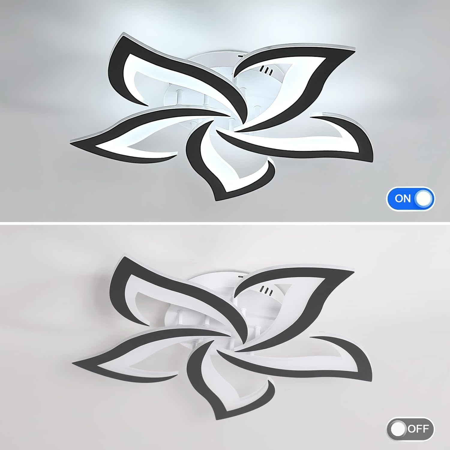 Ceiling light fixture with floral design on a gray background, showing 'ON' and 'OFF' status indicators.