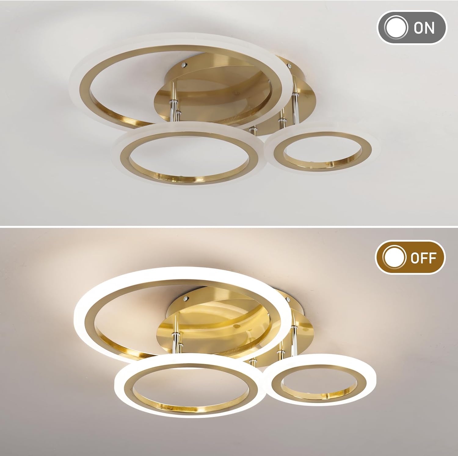 Ceiling light fixture with gold circular design on a white background, showing 'ON' and 'OFF' states.