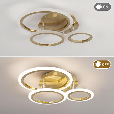 Ceiling light fixture with gold circular design on a white background, showing 'ON' and 'OFF' states.