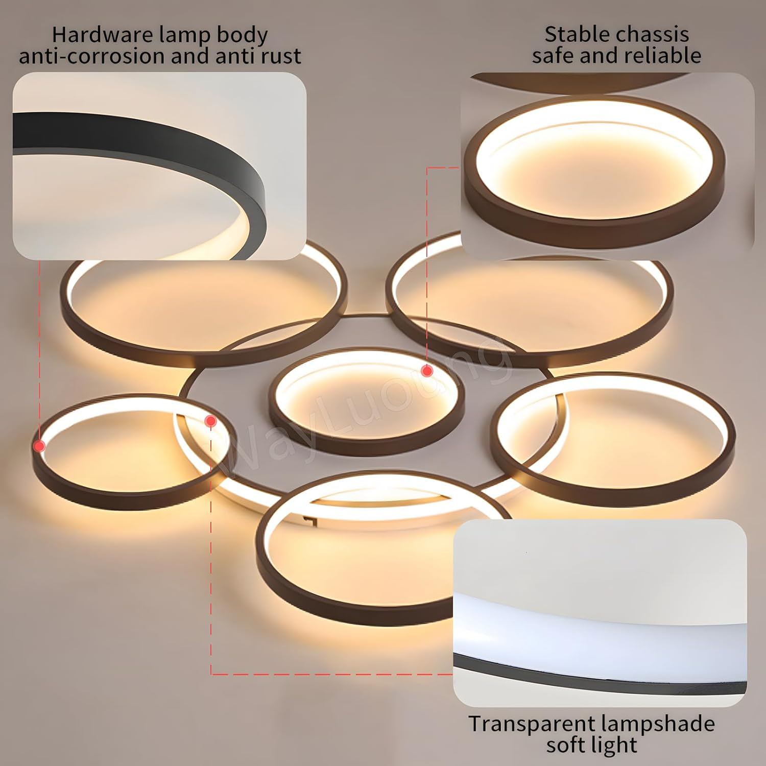 Ceiling light fixture with highlighted features on a gray background