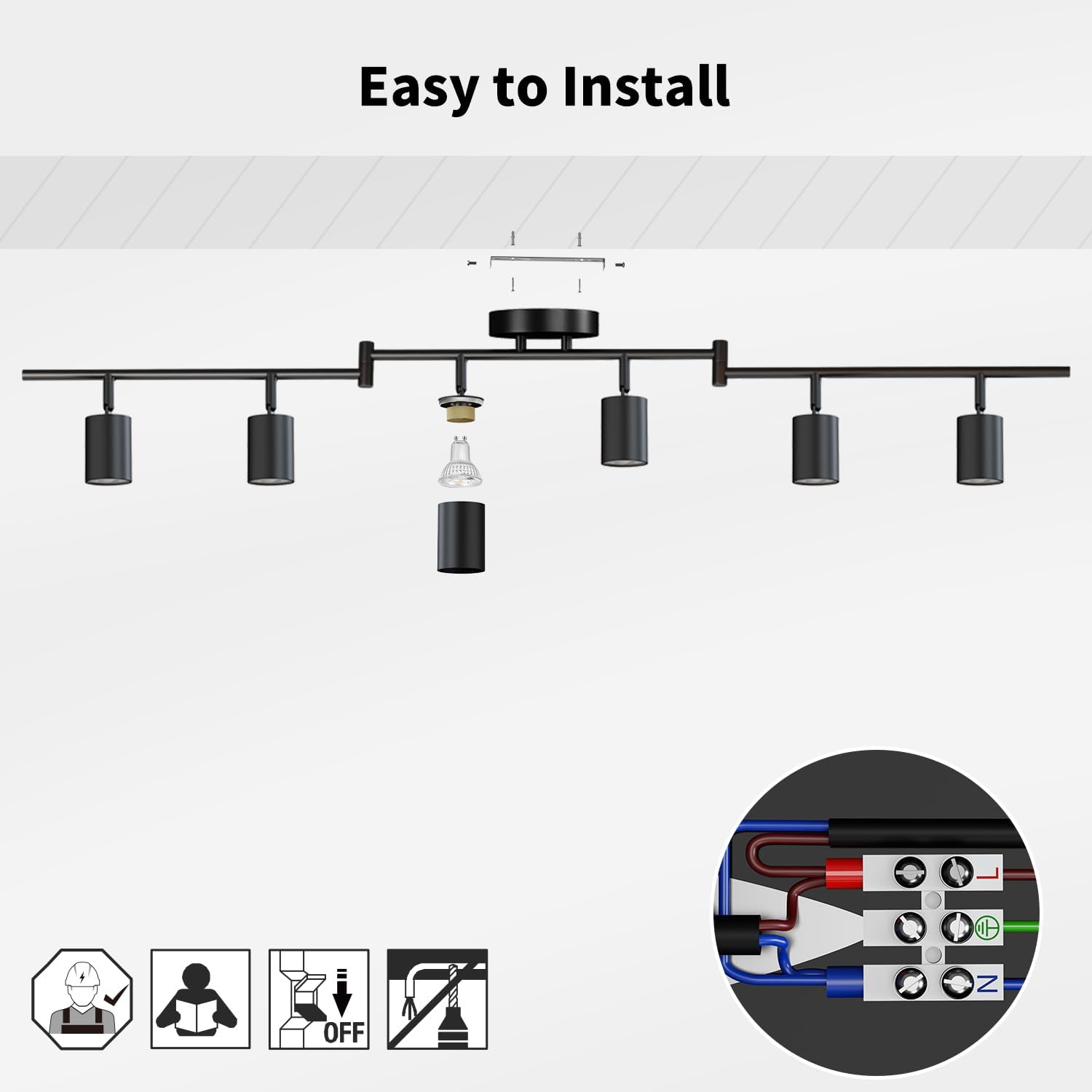 Ceiling light fixture with installation instructions on a white background